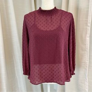 LUQ Sheer Top Maroon Long Sleeve Ruched Sleeves and Neck Cami and Top Size S